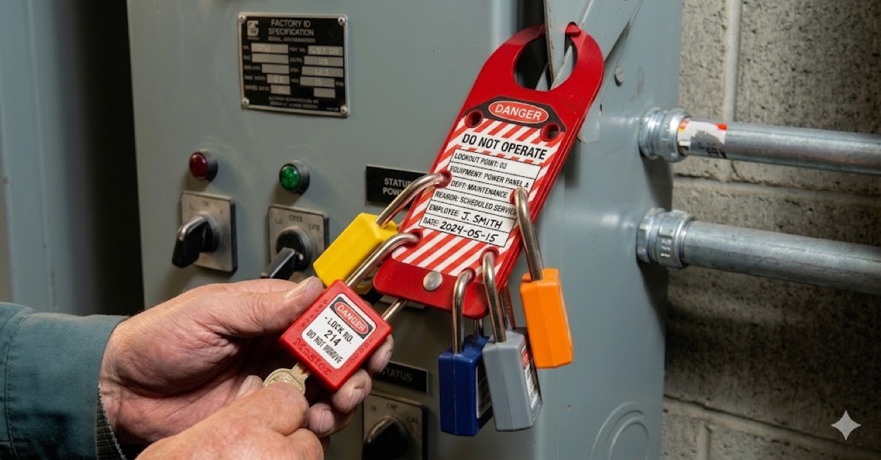 Lockout/tagout padlocks being applied on the panel