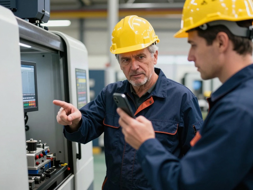 A veteran operator filmed on a phone, explaining a machine on the floor