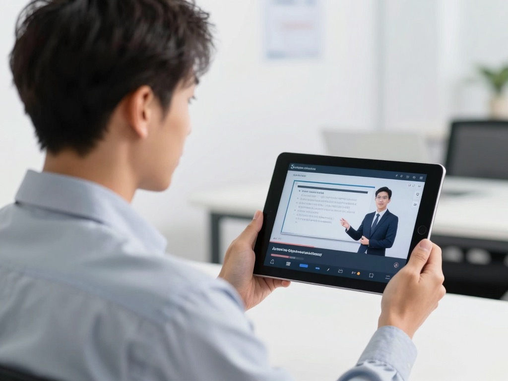 A new hire watching the onboarding course on their iPad, in their own language